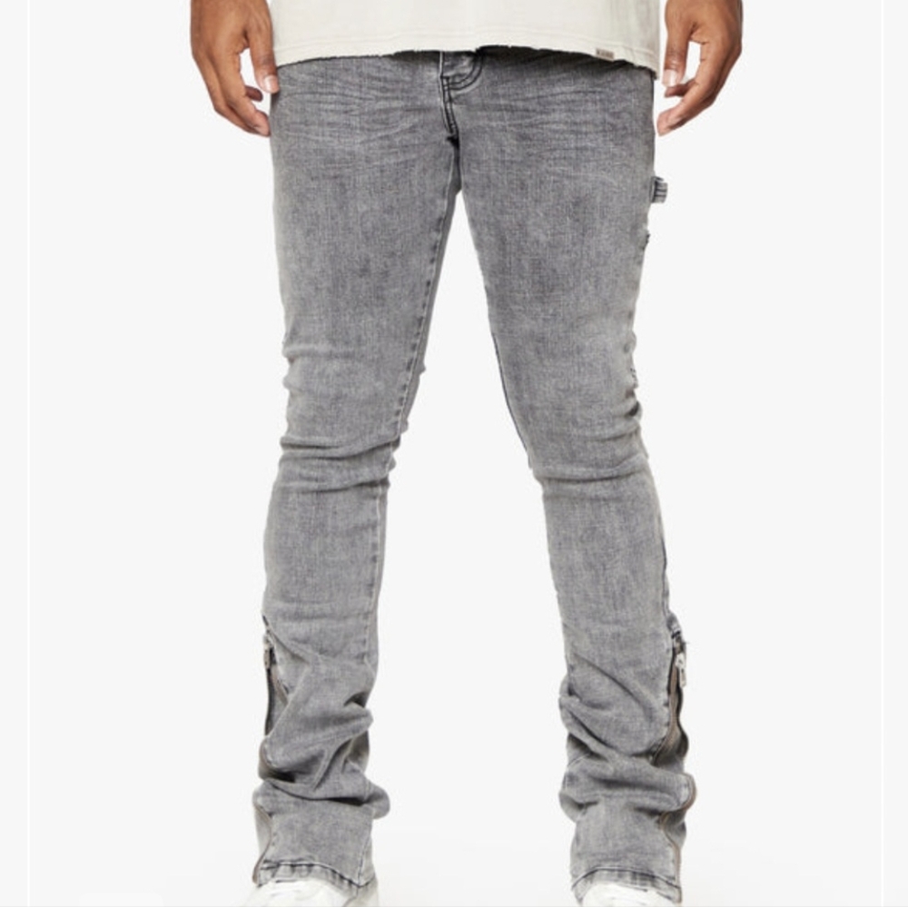 Grey washed stacked flare jeans